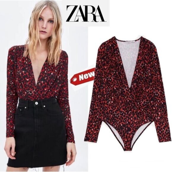 ZARA red black long sleeve leopard animal cheetah print deep - Picture 1 of 13
